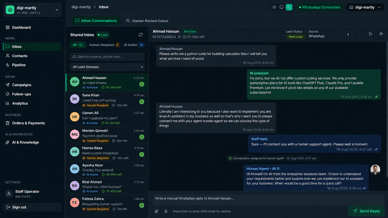 Convoza shared WhatsApp inbox showing live conversation threads, AI Active status badges, and human takeover controls