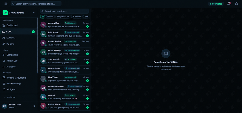 Convoza shared team inbox showing AI-assigned and human-assigned WhatsApp conversations side by side