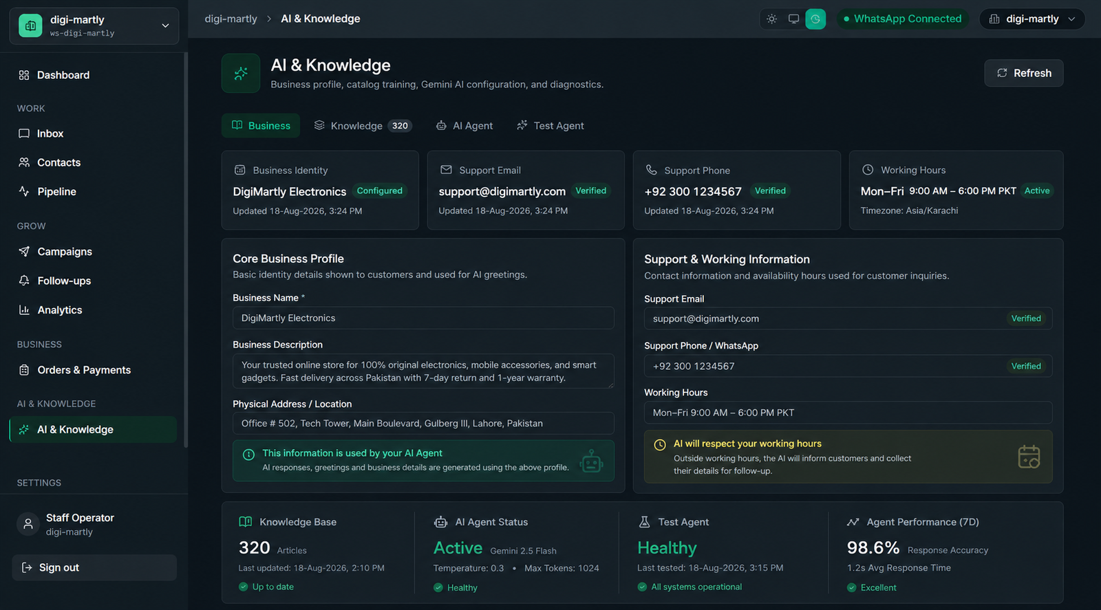 Convoza AI and business knowledge configuration panel displaying business profile, product catalog training, and AI agent status